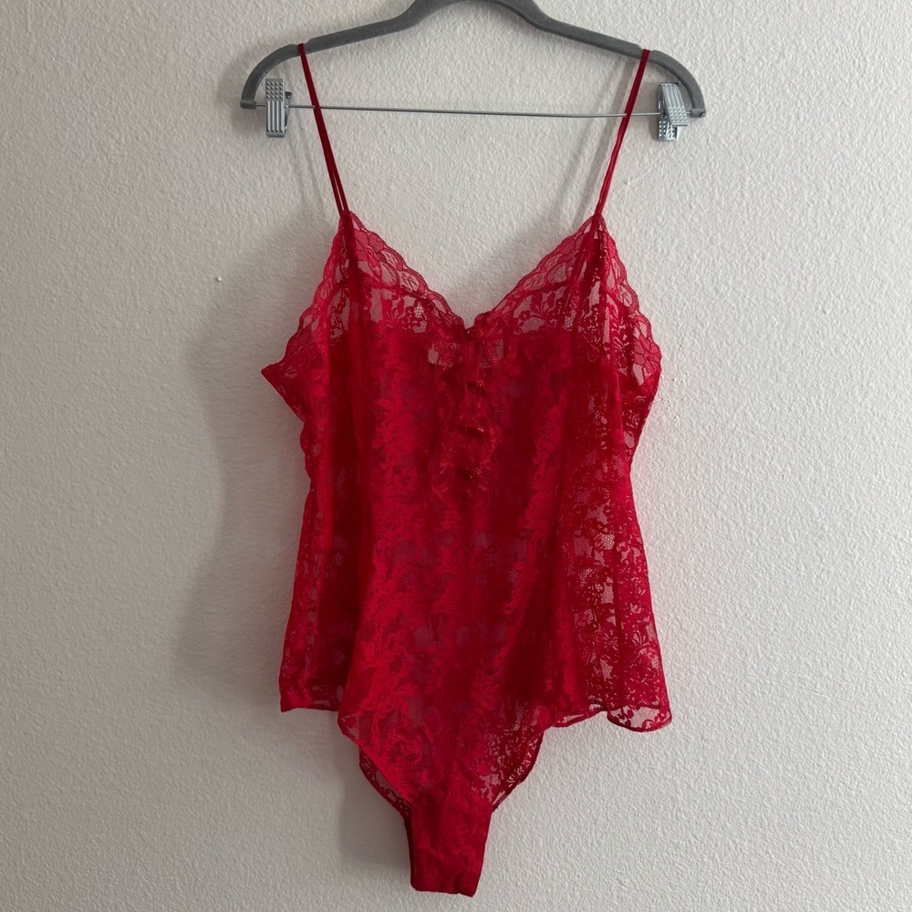 Vintage Victorias Secret Red Lacey Bodysuit Lingerie Pajamas Rose Buttons